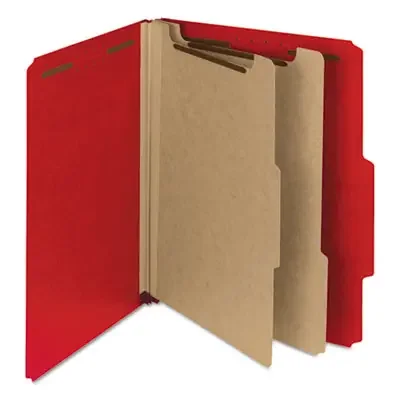 Smead Recycled Pressboard Classification Folders, 2″ Expansion, 2 Dividers, 6 Fasteners, Letter Size, Bright Red, 10/Box