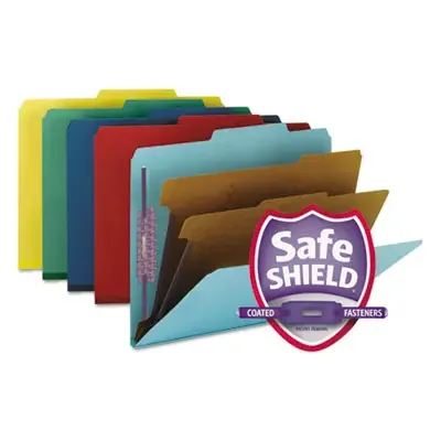 Smead Six-Section Pressboard Top Tab Classification Folders, Six SafeSHIELD Fasteners, 2 Dividers, Letter Size, Assorted, 10/Box