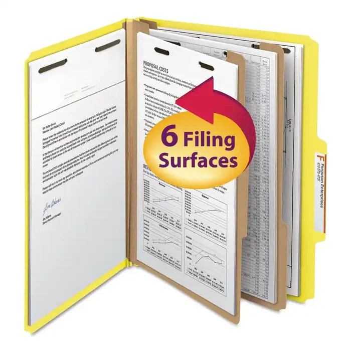 Smead Top Tab Classification Folders, Six SafeSHIELD Fasteners, 2″ Expansion, 2 Dividers, Letter Size, Yellow Exterior, 10/Box