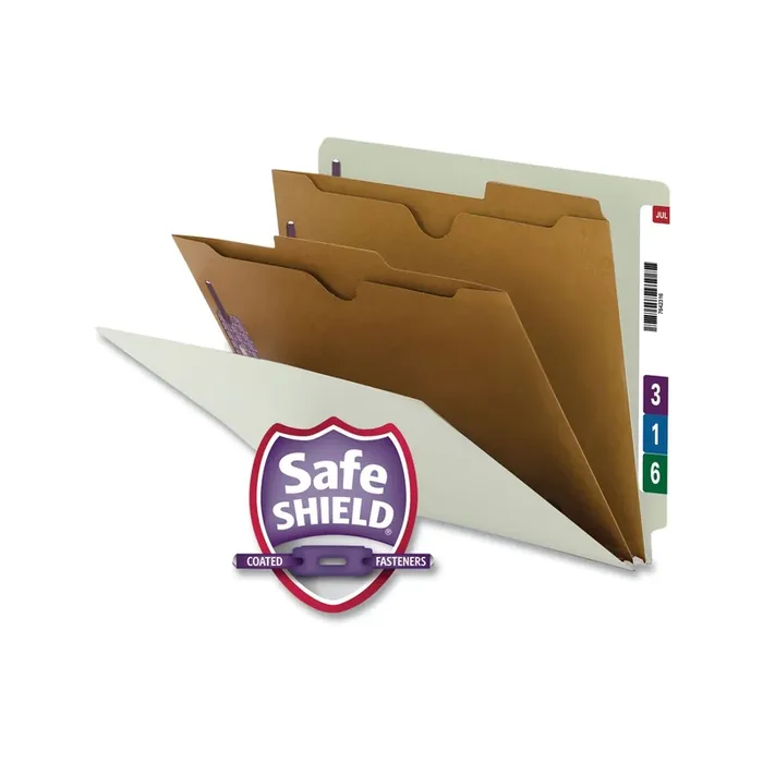 Smead X-Heavy End Tab Pressboard Classification Folders, Six SafeSHIELD Fasteners, 2 Dividers, Letter Size, Gray-Green, 10/Box