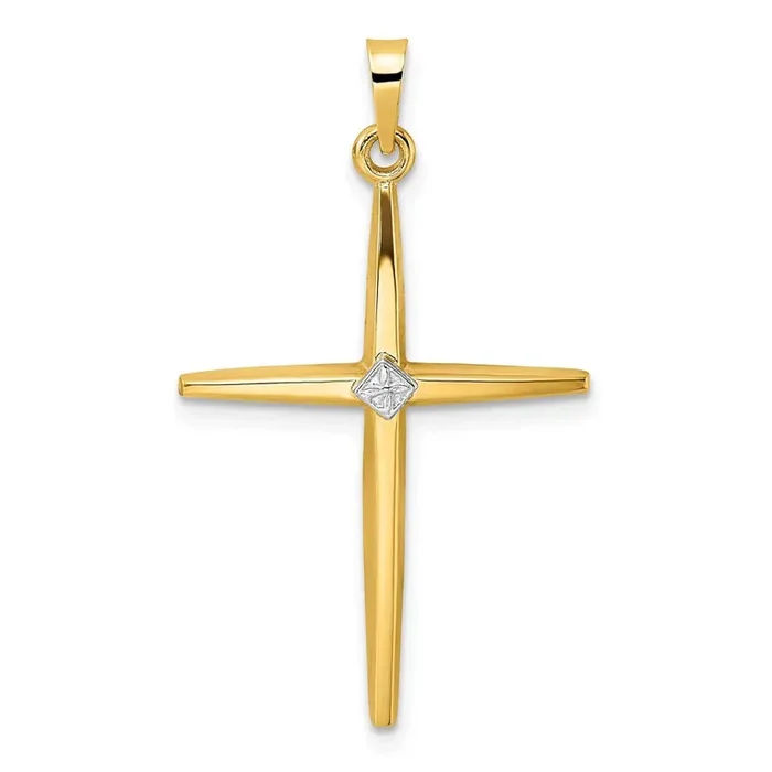 Solid Diamond Shape Center Cross Pendant 14k Two-Tone Gold Polished XR1966