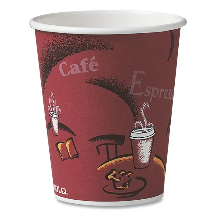 SOLO® Paper Hot Drink Cups in Bistro Design, 3.35″ Diameter x 3.82″ h, 10 oz, Maroon, 1,000/Carton