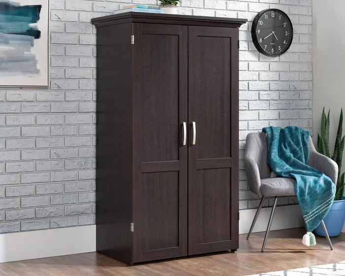 Storage Craft Armoire in Dakota Oak/Soft White – Drop-Leaf Worktable, Power Strip, 6 Adjustable Shelves & Slide-Out Printer Shelf