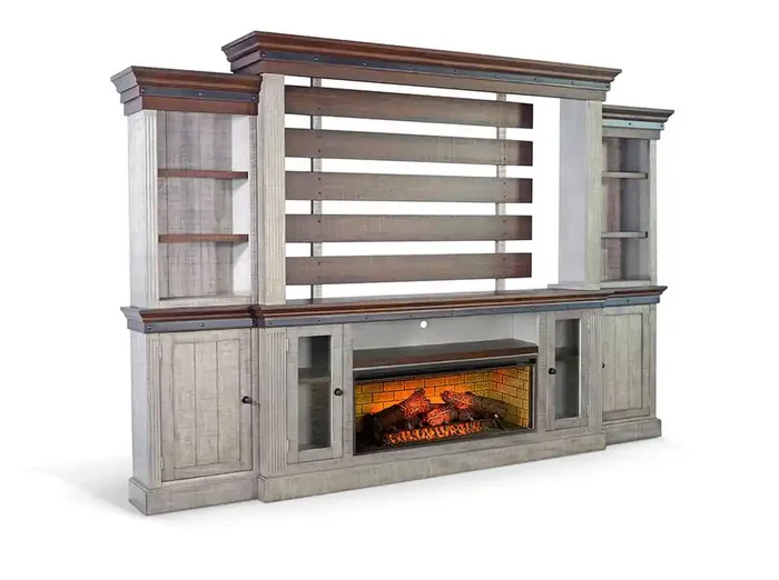 Sunny Designs – 128in Entertainment Wall with Electric Fireplace – K3649TA-W