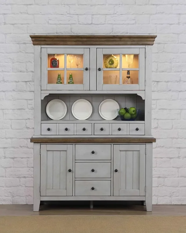 Sunset Trading – Country Grove Buffet and Hutch – Distressed Gray and Brown Wood – DLU-CG-BH-GO