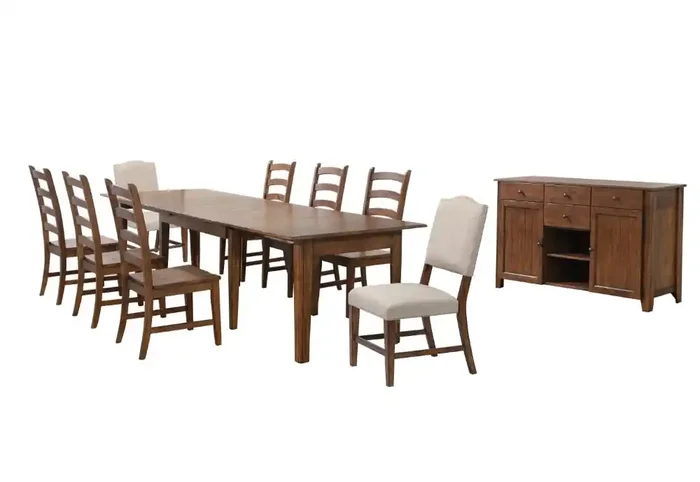 Sunset Trading – Simply Brook 10 Piece Rectangular Extendable Dining Set – 4 Size Table – Upholstered Chair – Sideboard Buffet – Amish Brown – DLU-BR134-C85AMSB10P