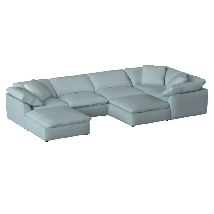 Sunset Trading Contemporary Puff Collection 7PC Slipcovered Modular U-Shaped Pit Sectional Sofa Performance Fabric Washable Water-Resistant Stain-Proof 176in Deep-Seating Down-Filled Lounge Couch Ocean Blue – SU-1458-43-3C-2A-2O