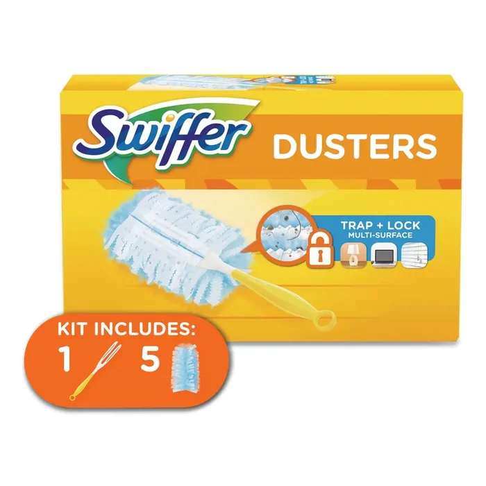 Swiffer® Dusters Starter Kit, Dust Lock Fiber, 6″ Handle, Blue/yellow