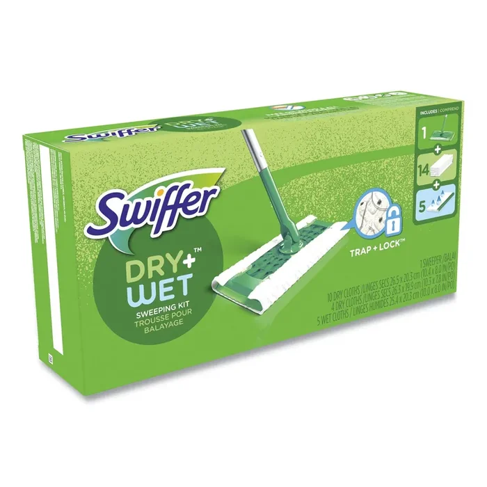 Swiffer® Sweeper Mop, 10 x 4.8 White Cloth Head, 46″ Silver/Green Aluminum/Plastic Handle