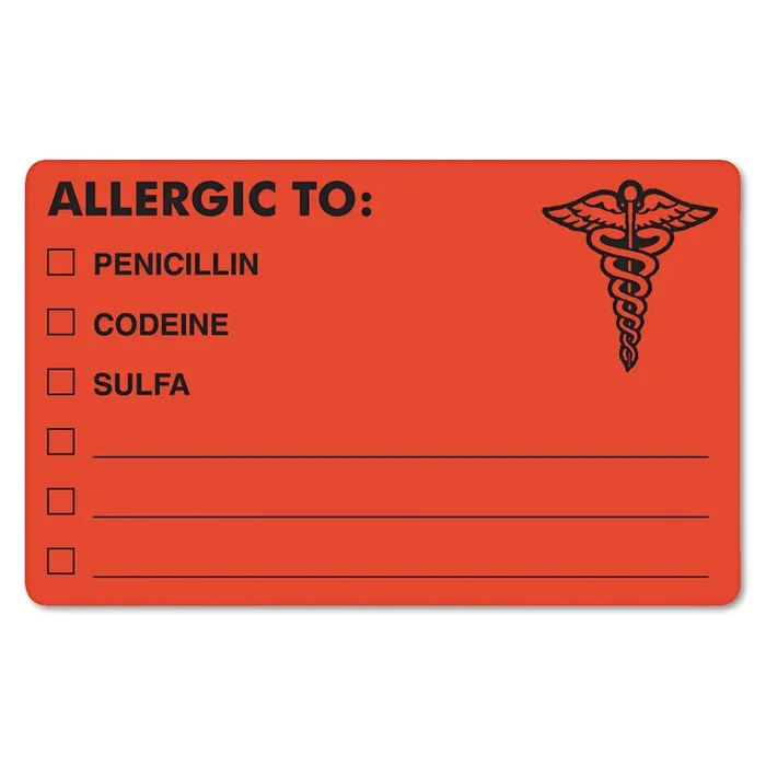 Tabbies® Allergy Warning Labels, Allergic To Penicilln, Codeine, Sulfa, 2.5 X 4, Fluorescent Red, 100/roll