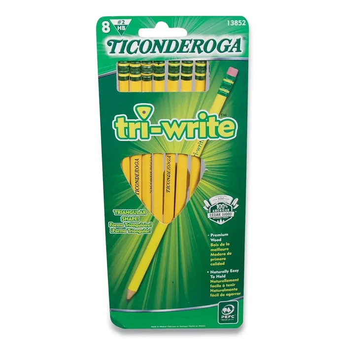 Ticonderoga® TRI-WRITE TRIANGULAR PENCIL, HB ( 2), BLACK LEAD, YELLOW BARREL, 8/PACK