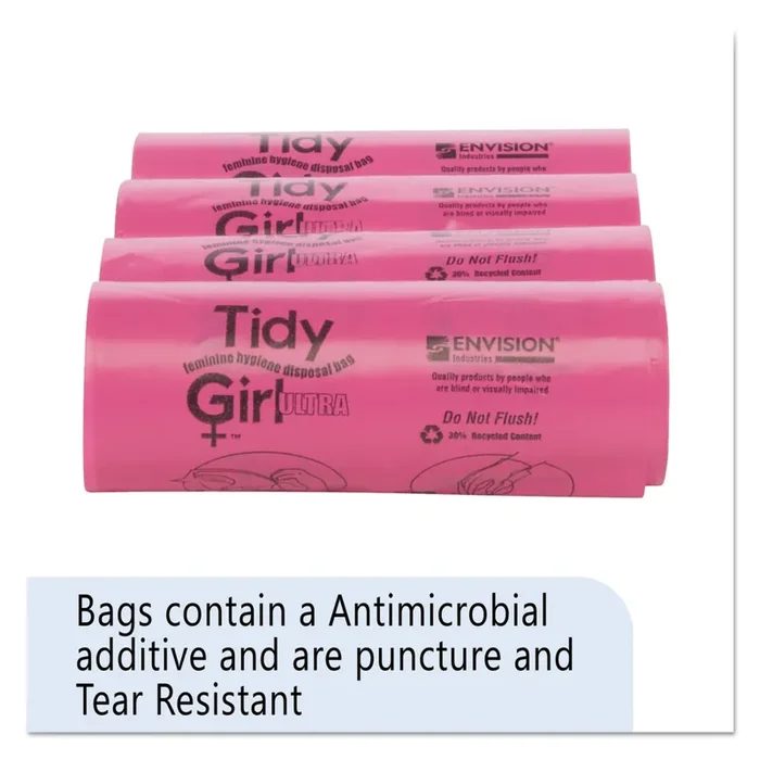 Tidy Girl™ Feminine Hygiene Sanitary Disposal Bags, 4″ x 4″ x 10″, Pink/Black, 150 Bags/Roll, 4 Rolls/Carton