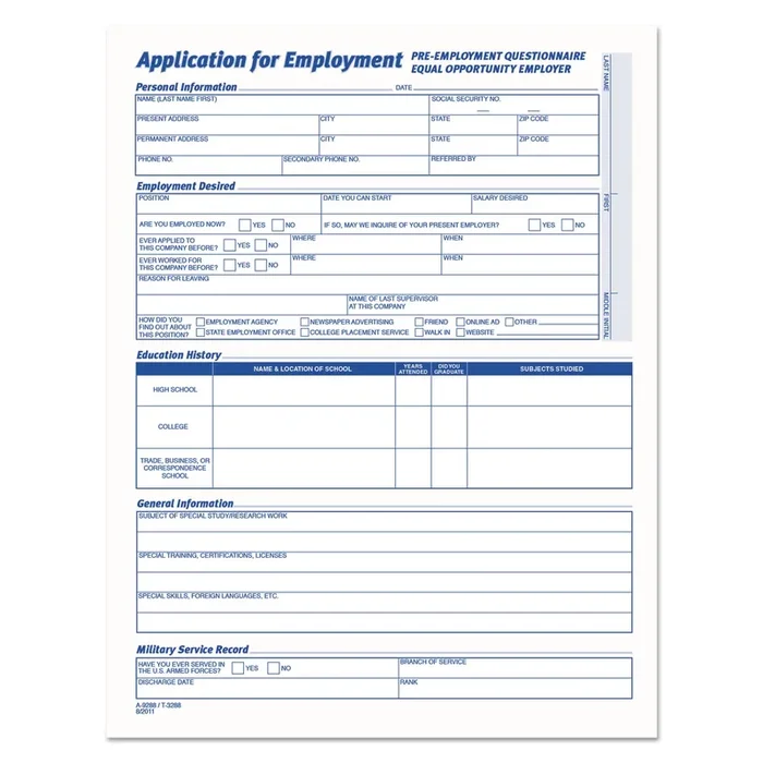 TOPS™ Comprehensive Employee Application Form, One-Part (No Copies), 17 x 11, 25 Forms Total