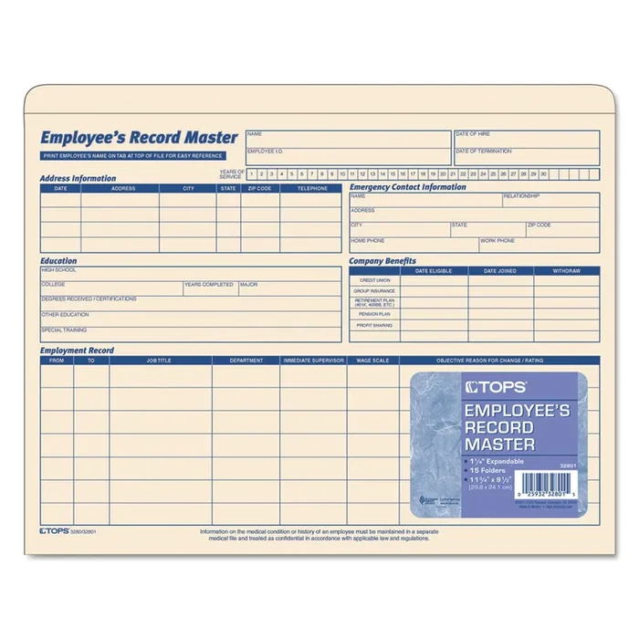 TOPS™ Employee Record Master File Jacket, Straight Tab, Letter Size, Manila, 15/pack