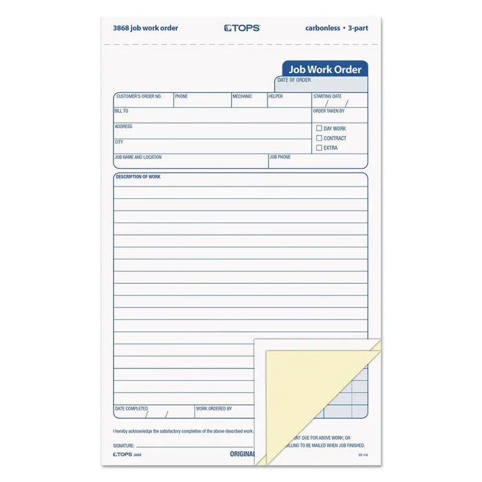 TOPS™ Job Work Order, Three-Part Carbonless, 5.66 x 8.63, 50 Forms Total
