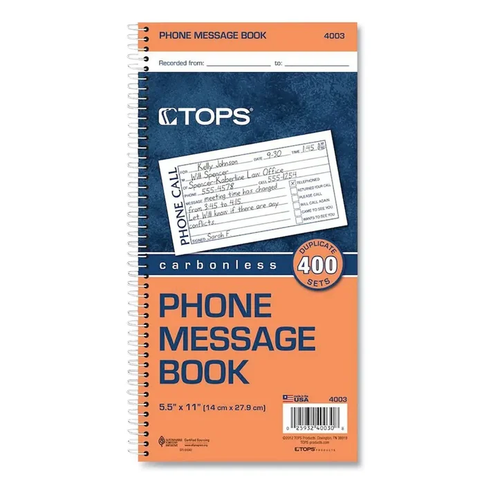 TOPS™ Spiralbound Message Book, Two-Part Carbonless, 5 x 2.75, 4 Forms/Sheet, 400 Forms Total