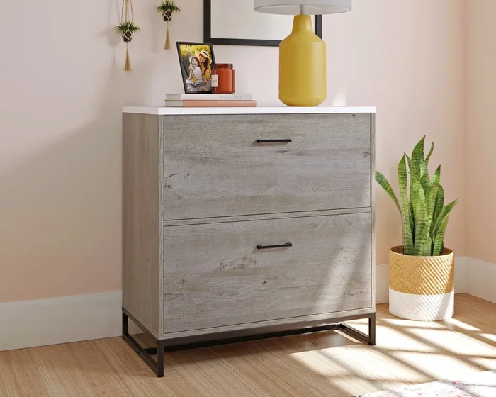 Tremont Row 2-Drawer Lateral File Cabinet in Mystic Oak – Legal/Letter Filing, Safety Mechanism, Modern White Accent