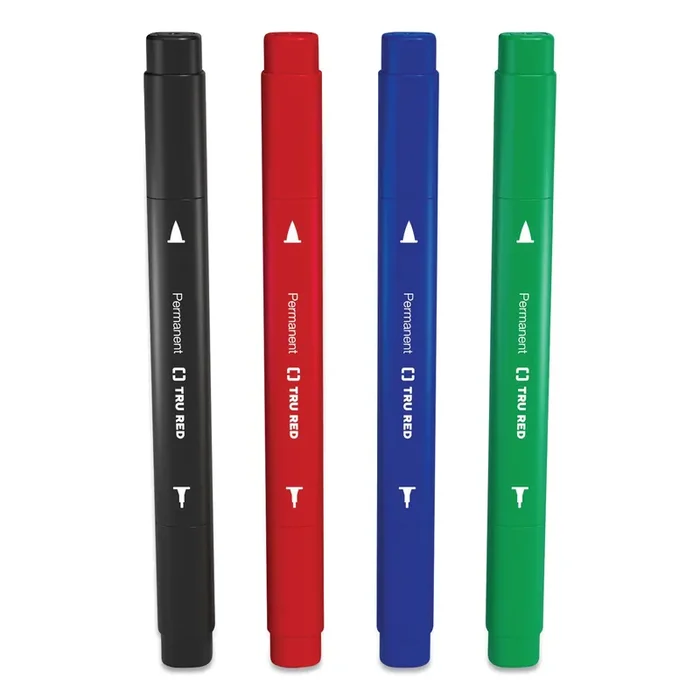 TRU RED™ Permanent Marker, Pen-Style Twin-Tip, Extra-Fine/fine Bullet/needle Tips, Assorted Colors, 4/pack