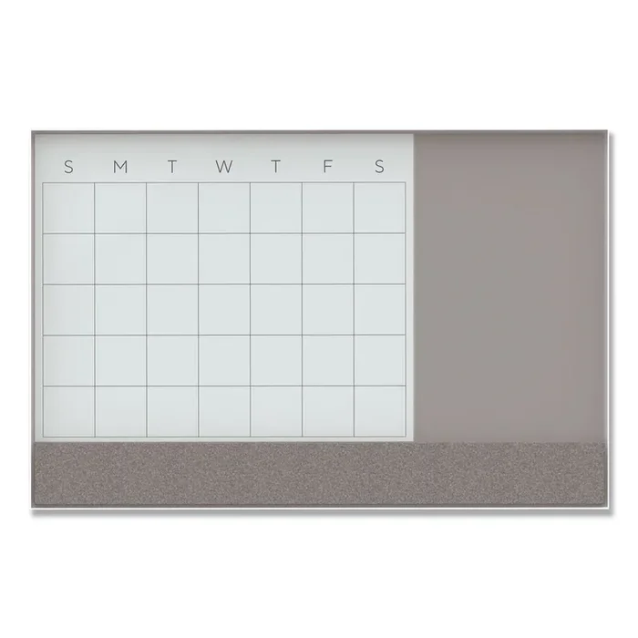 U Brands 3N1 Magnetic Glass Dry Erase Combo Board, Monthly Planning, 48 x 36 (Actual Size 47″ x 35″), Gray/White Surface, White Frame
