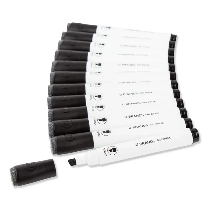 U Brands Chisel Tip Low-Odor Dry-Erase Markers With Erasers, Broad Chisel Tip, Black, Dozen