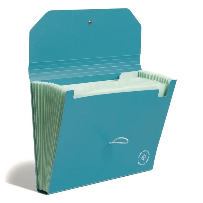 U Brands U-Eco 13-Pocket Expandable File, 9.75″ Expansion, 13 Sections; Button/Elastic Closure, 1/12-Cut Tabs, Letter Size, Ocean