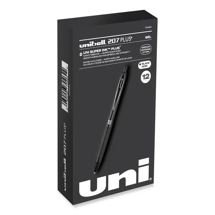 uniball® 207 Plus+ Gel Pen, Retractable, Medium 0.7 mm, Black Ink, Black Barrel, Dozen