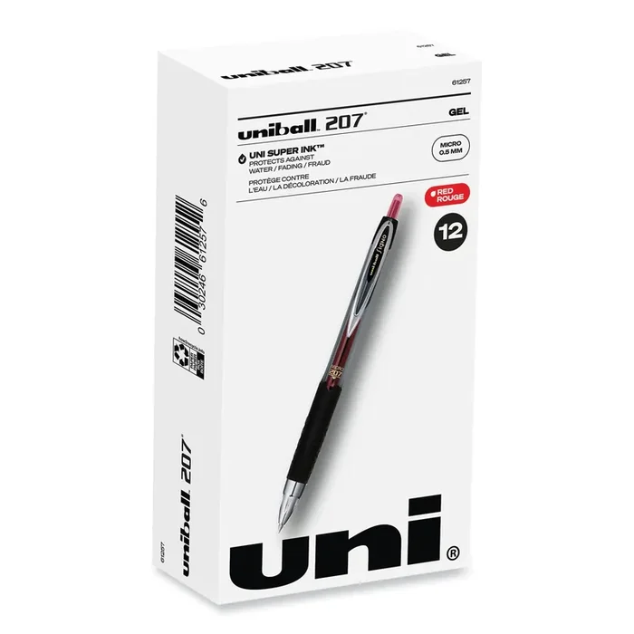 uniball® Signo 207 Gel Pen, Retractable, Fine 0.5 mm, Red Ink, Smoke/Black/Red Barrel, Dozen