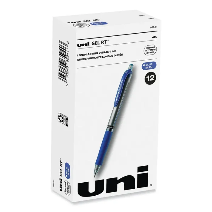 uniball® Signo Gel Pen, Retractable, Medium 0.7 mm, Blue Ink, Silver/Blue Barrel, Dozen