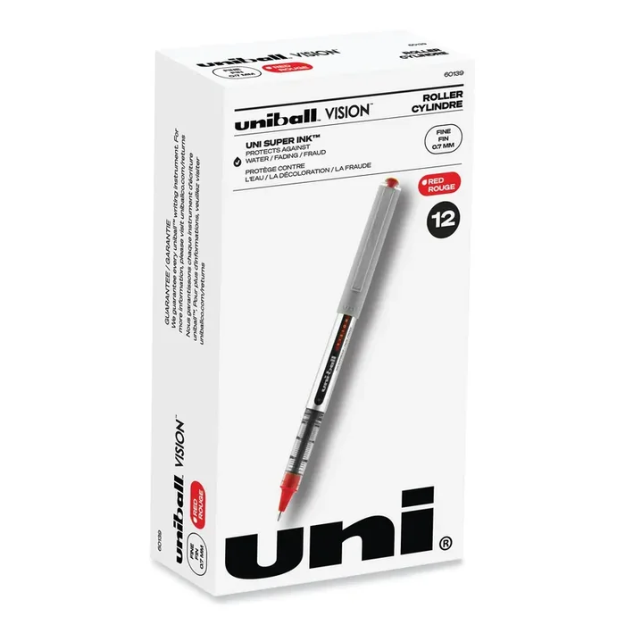 uniball® VISION Rollerball Pen, Stick, Fine 0.7 mm, Red Ink, Silver/Red/Clear Barrel, Dozen