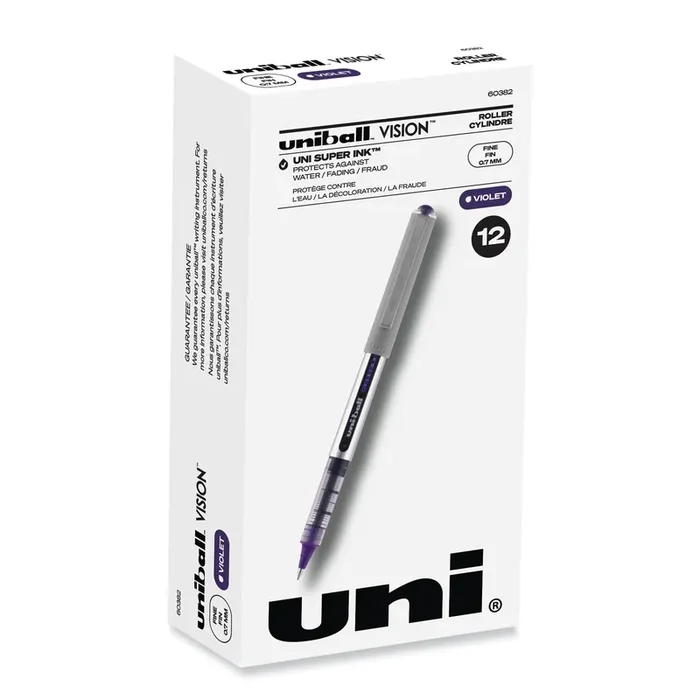 uniball® VISION Rollerball Pen, Stick, Fine 0.7 mm, Violet Ink, Silver/Violet/Clear Barrel, Dozen