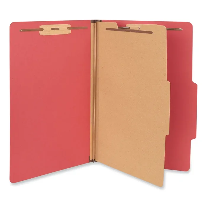 Universal® Bright Colored Pressboard Classification Folders, 2″ Expansion, 1 Divider, 4 Fasteners, Legal Size, Ruby Red Exterior, 10/Box