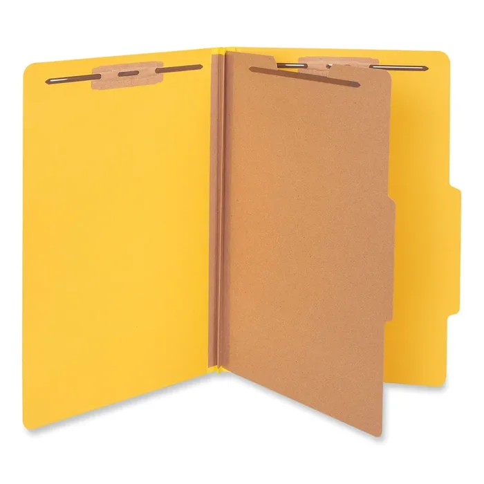 Universal® Bright Colored Pressboard Classification Folders, 2″ Expansion, 1 Divider, 4 Fasteners, Legal Size, Yellow Exterior, 10/Box