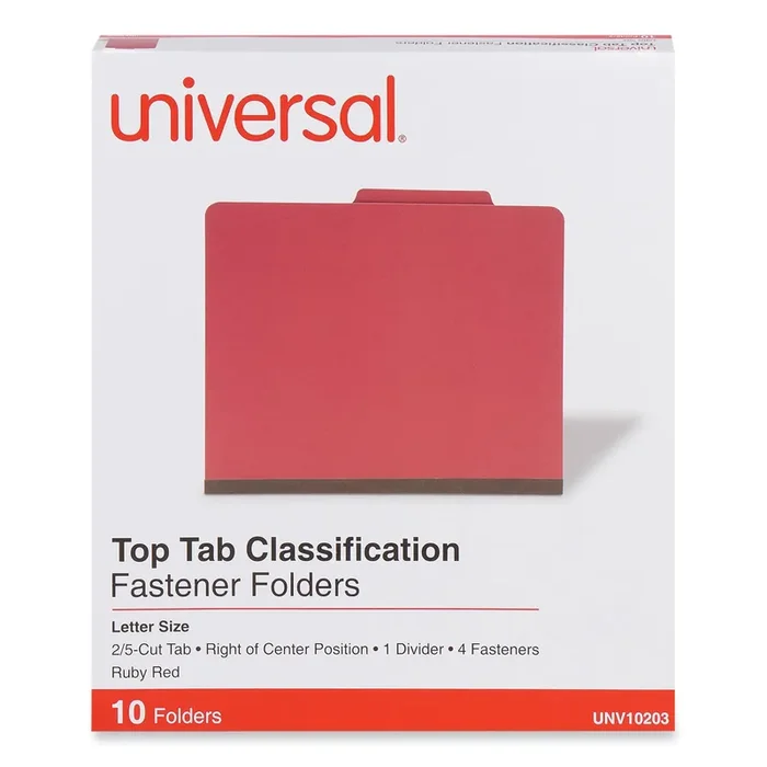 Universal® Bright Colored Pressboard Classification Folders, 2″ Expansion, 1 Divider, 4 Fasteners, Letter Size, Ruby Red, 10/Box