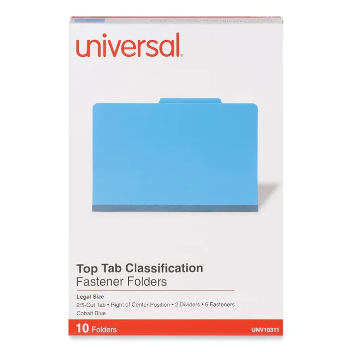 Universal® Bright Colored Pressboard Classification Folders, 2″ Expansion, 2 Dividers, 6 Fasteners, Legal Size, Cobalt Blue, 10/Box