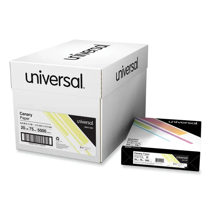 Universal® Deluxe Colored Paper, 20 lb Bond Weight, 8.5 x 11, Canary, 500 Sheets/Ream, 10 Reams/Carton