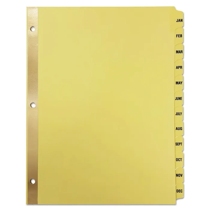 Universal® Deluxe Preprinted Plastic Coated Tab Dividers With Black Printing, 12-Tab, Jan. To Dec., 11 X 8.5, Buff, 1 Set