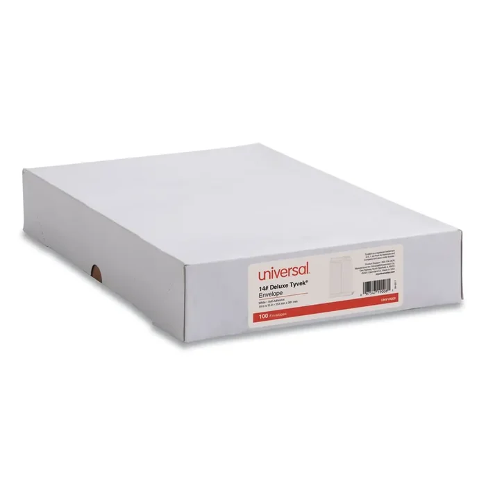 Universal® Deluxe Tyvek Envelopes, 15, Square Flap, Self-Adhesive Closure, 10 x 15, White, 100/Box