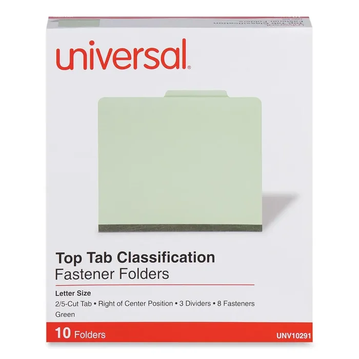 Universal® Eight-Section Pressboard Classification Folders, 3″ Expansion, 3 Dividers, 8 Fasteners, Letter Size, Green Exterior, 10/Box