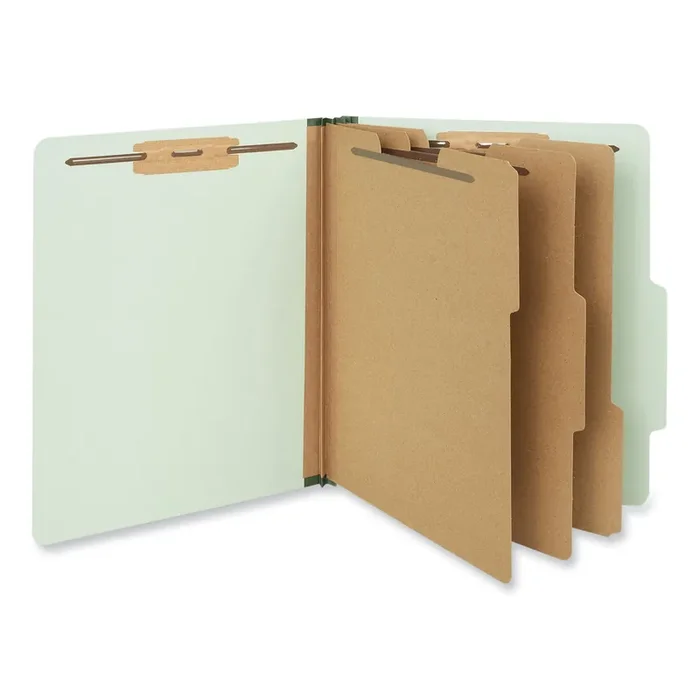 Universal® Eight-Section Pressboard Classification Folders, 3″ Expansion, 3 Dividers, 8 Fasteners, Letter Size, Gray-Green, 10/Box