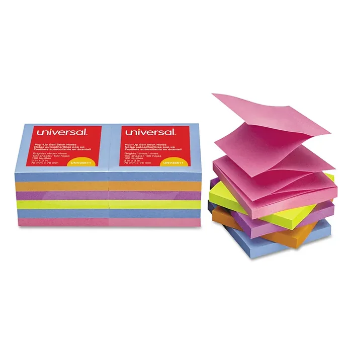 Universal® Fan-Folded Self-Stick Pop-Up Note Pads, 3″ x 3″, Assorted Bright Colors, 100 Sheets/Pad, 12 Pads/Pack