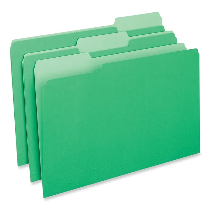 Universal® Interior File Folders, 1/3-Cut Tabs Assorted, Legal Size, 11-pt Stock, Green, 100/Box