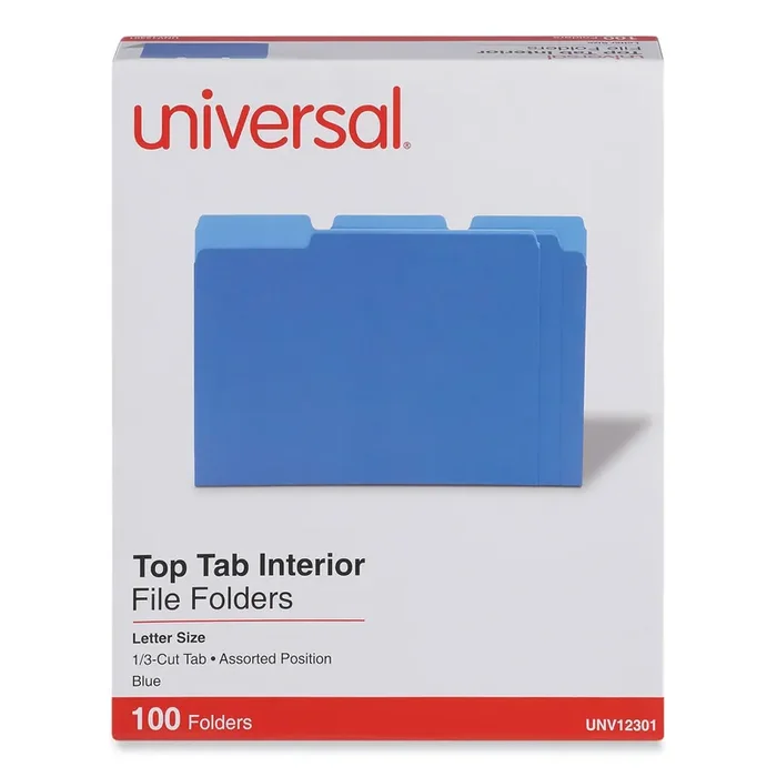 Universal® Interior File Folders, 1/3-Cut Tabs Assorted, Letter Size, 11-pt Stock, Blue, 100/Box