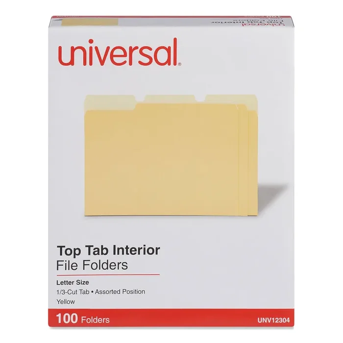 Universal® Interior File Folders, 1/3-Cut Tabs Assorted, Letter Size, 11-pt Stock, Yellow, 100/Box