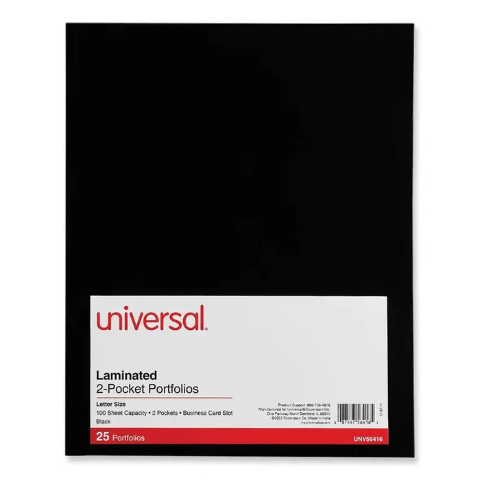 Universal® Laminated Two-Pocket Folder, Cardboard Paper, 100-Sheet Capacity, 11 X 8.5, Black, 25/box