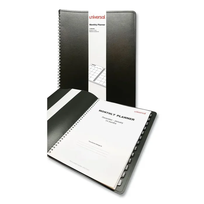 Universal® Monthly Planner, 11 x 8, Black Cover, 14-Month Dec 2024 to Jan 2026
