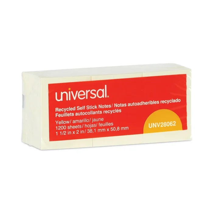 Universal® Recycled Self-Stick Note Pads, 1.5″ x 2″, Yellow, 100 Sheets/Pad, 12 Pads/Pack