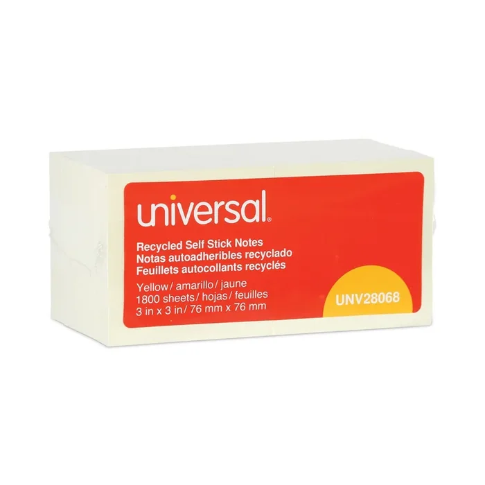 Universal® Recycled Self-Stick Note Pads, 3″ x 3″, Yellow, 100 Sheets/Pad, 18 Pads/Pack