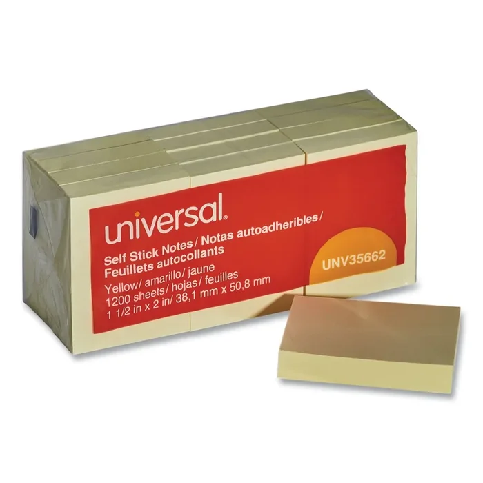 Universal® Self-Stick Note Pads, 1.5″ x 2″, Yellow, 100 Sheets/Pad, 12 Pads/Pack