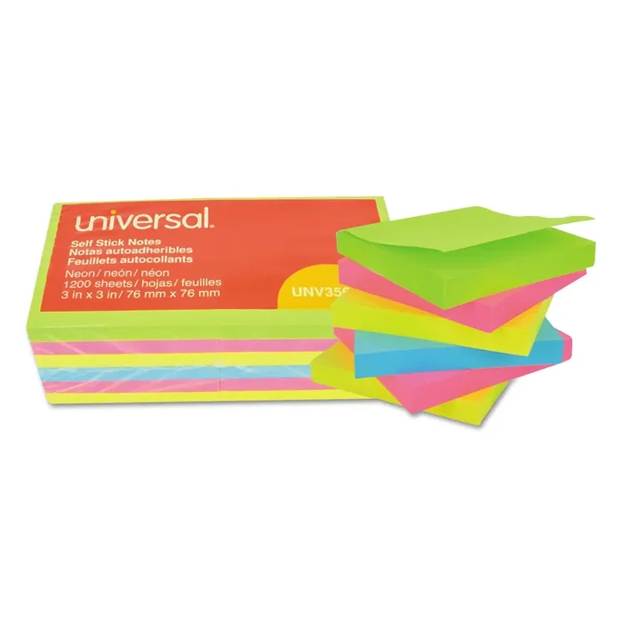 Universal® Self-Stick Note Pads, 3″ x 3″, Assorted Neon Colors, 100 Sheets/Pad, 12 Pads/Pack