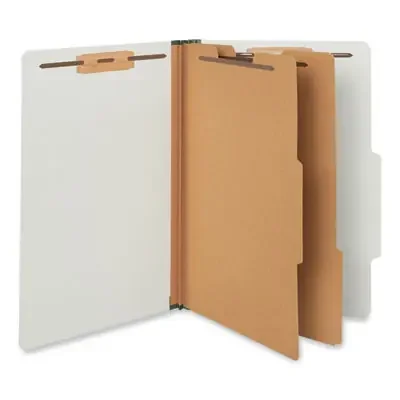 Universal® Six-Section Pressboard Classification Folders, 2″ Expansion, 2 Dividers, 6 Fasteners, Legal Size, Gray Exterior, 10/Box